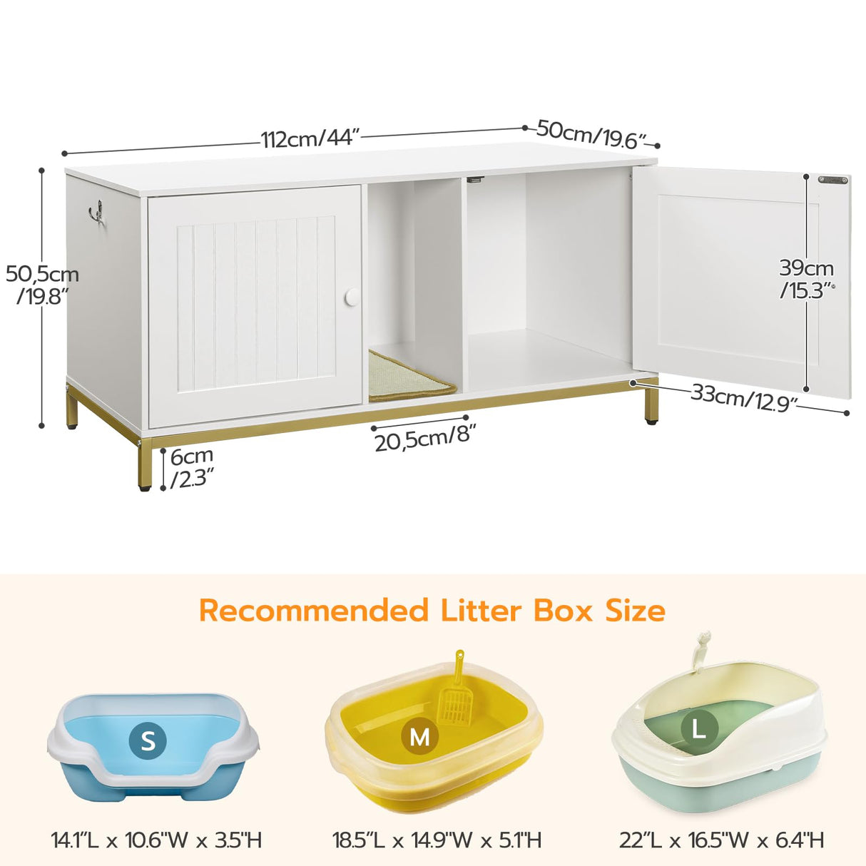 HOOBRO 44" Cat Litter Box Enclosure for 2 Cats, Double Cat Litter Box Furniture Hidden, TV Stand Litter Box Enclosure with Cat Scratching Mat, Cat House, Cat Washroom Cabinet, White, Gold DW20MW01 HOOBRO