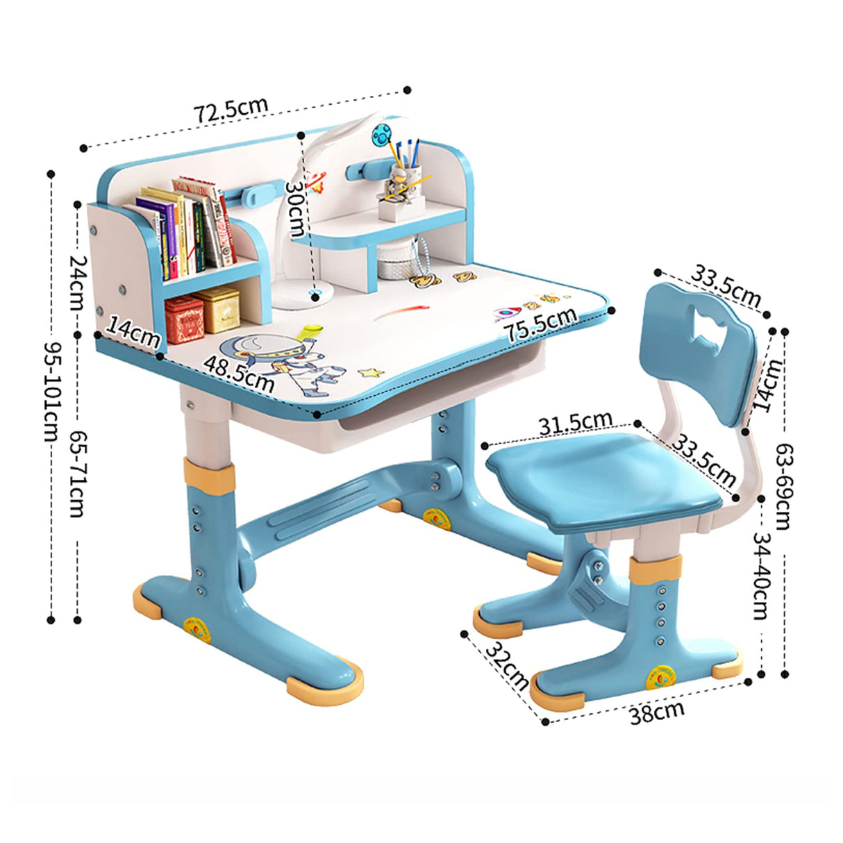 NUZYZ Kids Desk and Chair Set, Adjustable Height Children Study Table and Chair Set with Drawer, Cartoon Pattern Study Table for Toddlers 3-12 Years Blue NUZYZ