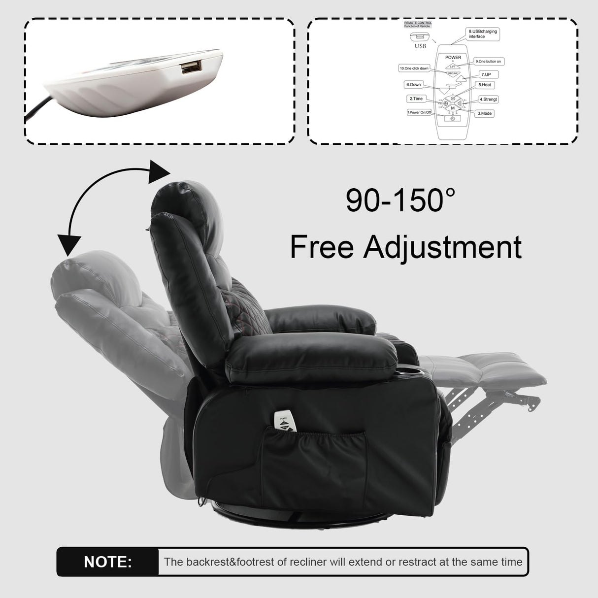 linting Electric Swivel Rocker Recliners with Massage and Heat for Adults Faux Leather Overstuffed Power Swivel Recliner with Cup Holders USB Port, Black Rocking Glider Chairs linting