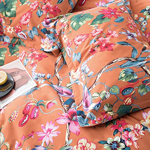 Eikei Botanical Garden Duvet Cover Washed Brushed 100-percent Cotton Bedding Set Asian Chinoiserie Print Colorful Tropical Tree Branches and Birds Floral Pattern (Queen, Orange) Eikei