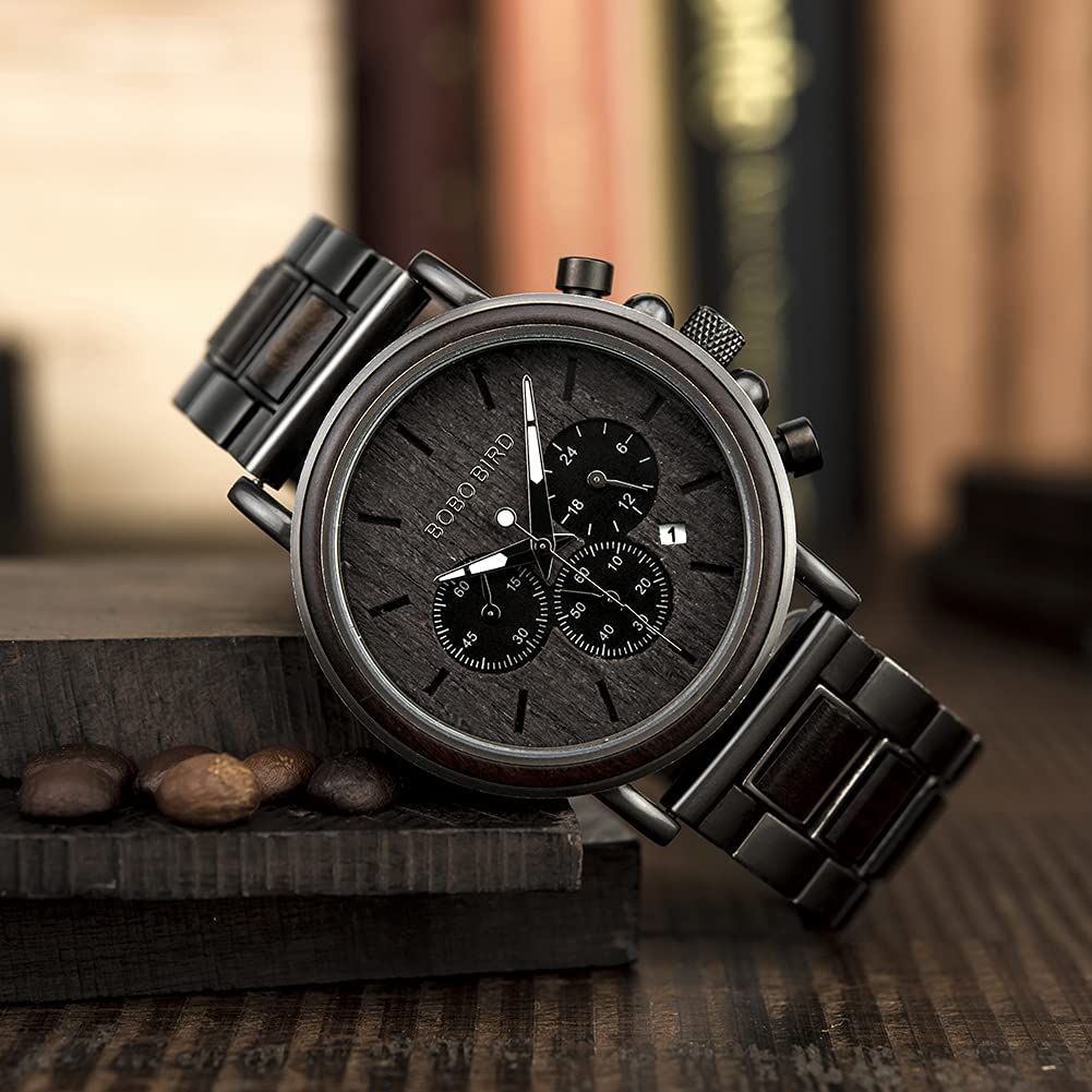 2win Engraved Wooden Watch for Men - Personalized with Custom Back Cover and Box Photo, Analog-Digital Display, Wood & Stainless Steel Band 2win