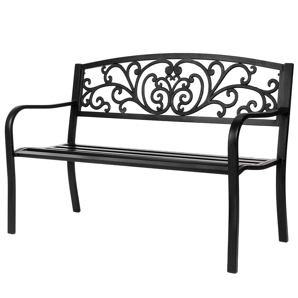 VINGLI Outdoor Bench for Patio Metal Garden Bench w/PVC Back Pattern, Black Park Benches Front Porch Benches for Yard Lawn Decor Deck Entryway (Floral) VINGLI