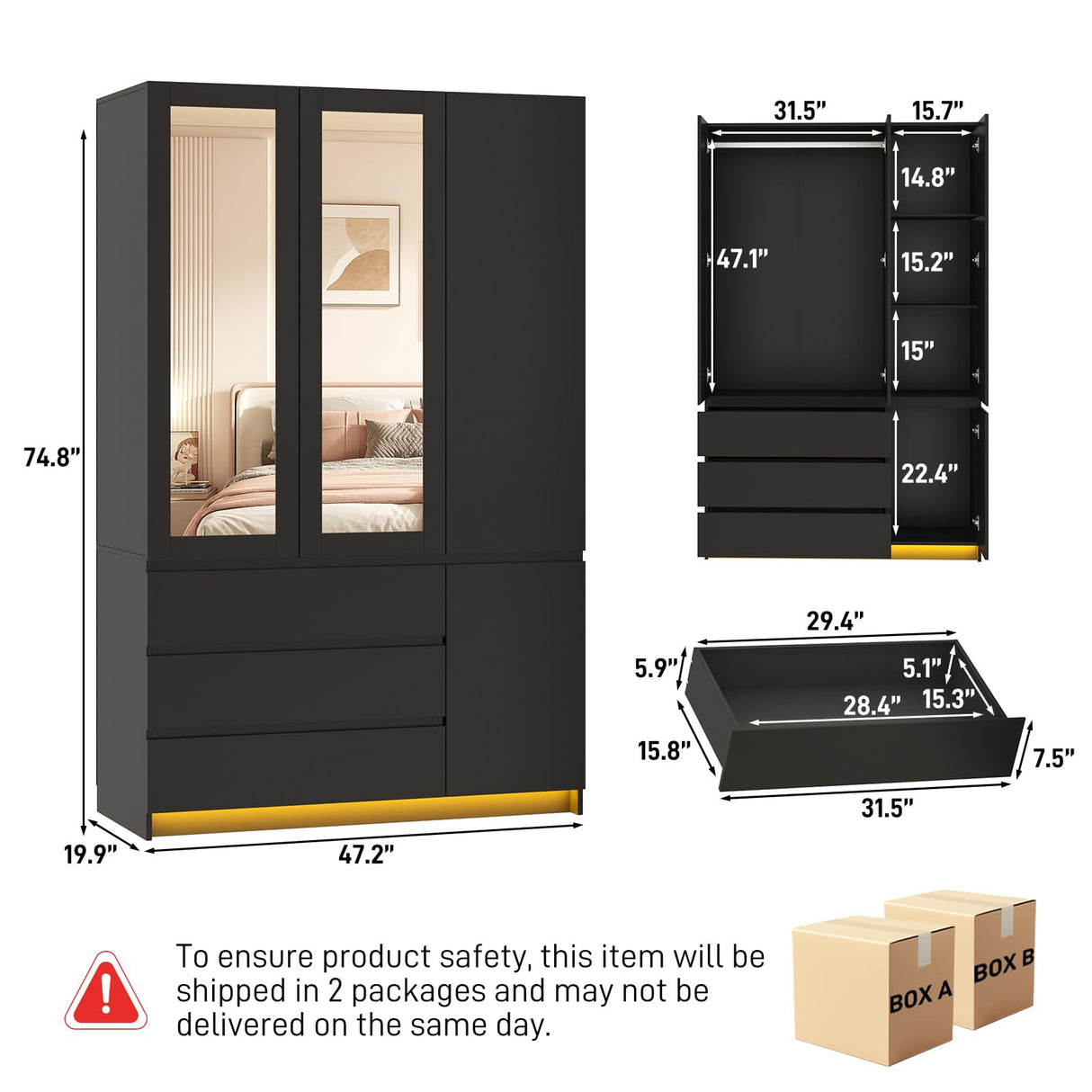 jiteentarou 3 Doors Armoire Wardrobe Closet with 3 Drawers & Mirror, Modern Wooden Bedroom Armoires with Hanging Rod Led Lights for Bedroom, Black jiteentarou