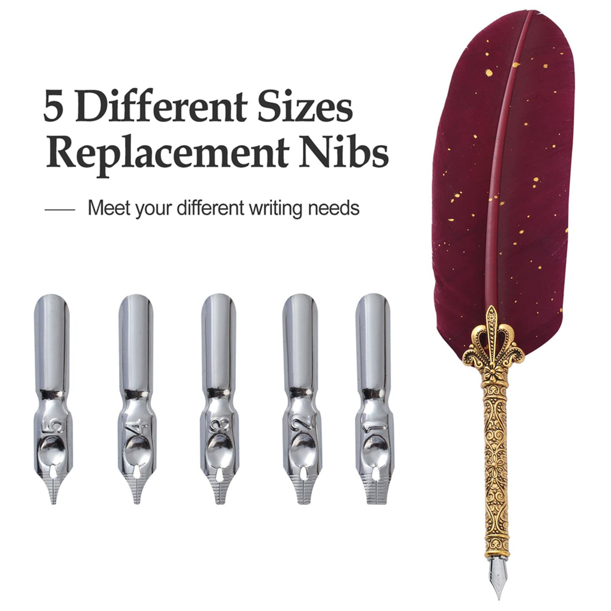 Karhood Quill Pen and Ink Set - Feather Calligraphy Dip Pen with Wax Seal Stamp Kit and 5 Nibs (Red) Karhood