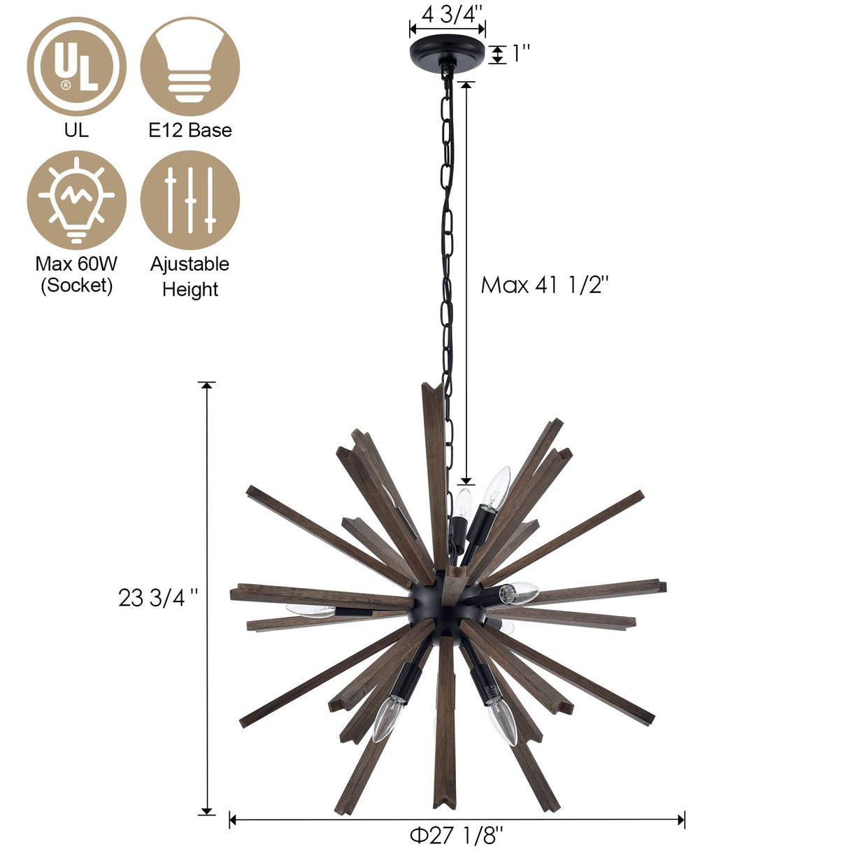 VANZARLA 9-Light Sputnik Pendant Light Black, Farmhouse Wood Chandelier for Dining Room Industrial Hanging Light Fixture Ceiling for Bedroom Entryway Kitchen Foyer Living Room VANZARLA