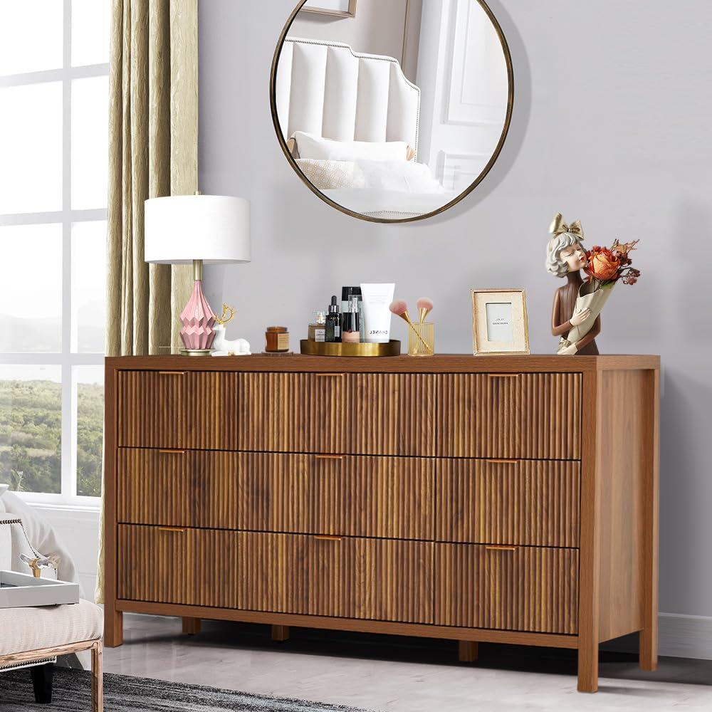 9 Drawer Dresser Cabinet, Long Nightstand with Drawers and Storage Cabinet, Farmhouse Solid Wood Dresser TV Stand, Mid Century Modern Nightstand with 9 Drawer Side Table for Bedroom Closet (Walnut) affeivul