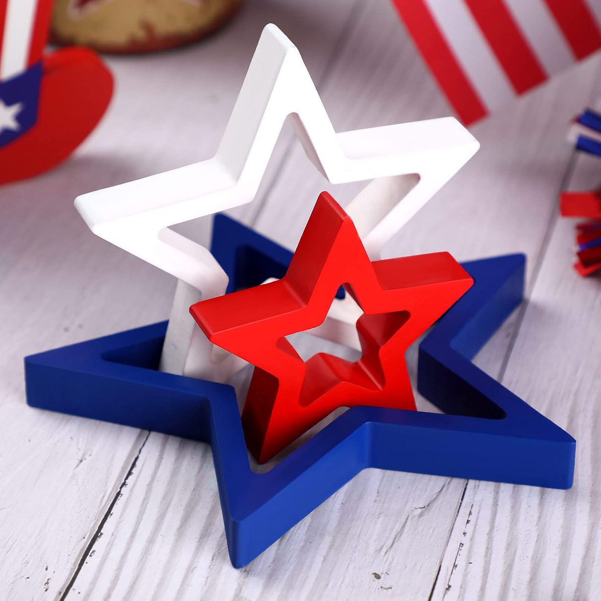 Blulu 3 Pieces Patriotic Decoration Wooden Star Sign Memorial Day Table Decor 4th of July Centerpiece Star Independence Day Tiered Tray Decor for Table Home (White,Blue,Red) Blulu