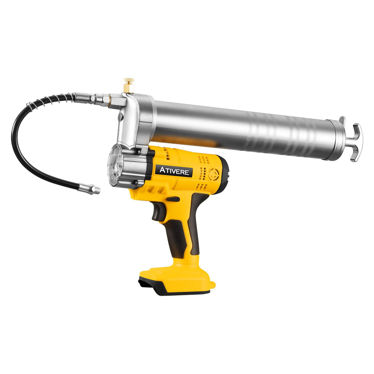 ATIVERE Lithium Battery Grease Gun Cordless for DeWalt 20V Max Battery (NO Battery) Yellow with 12” Spring Flex Hose, 10000 PSI High Pressure Quick Release Grease ATIVERE