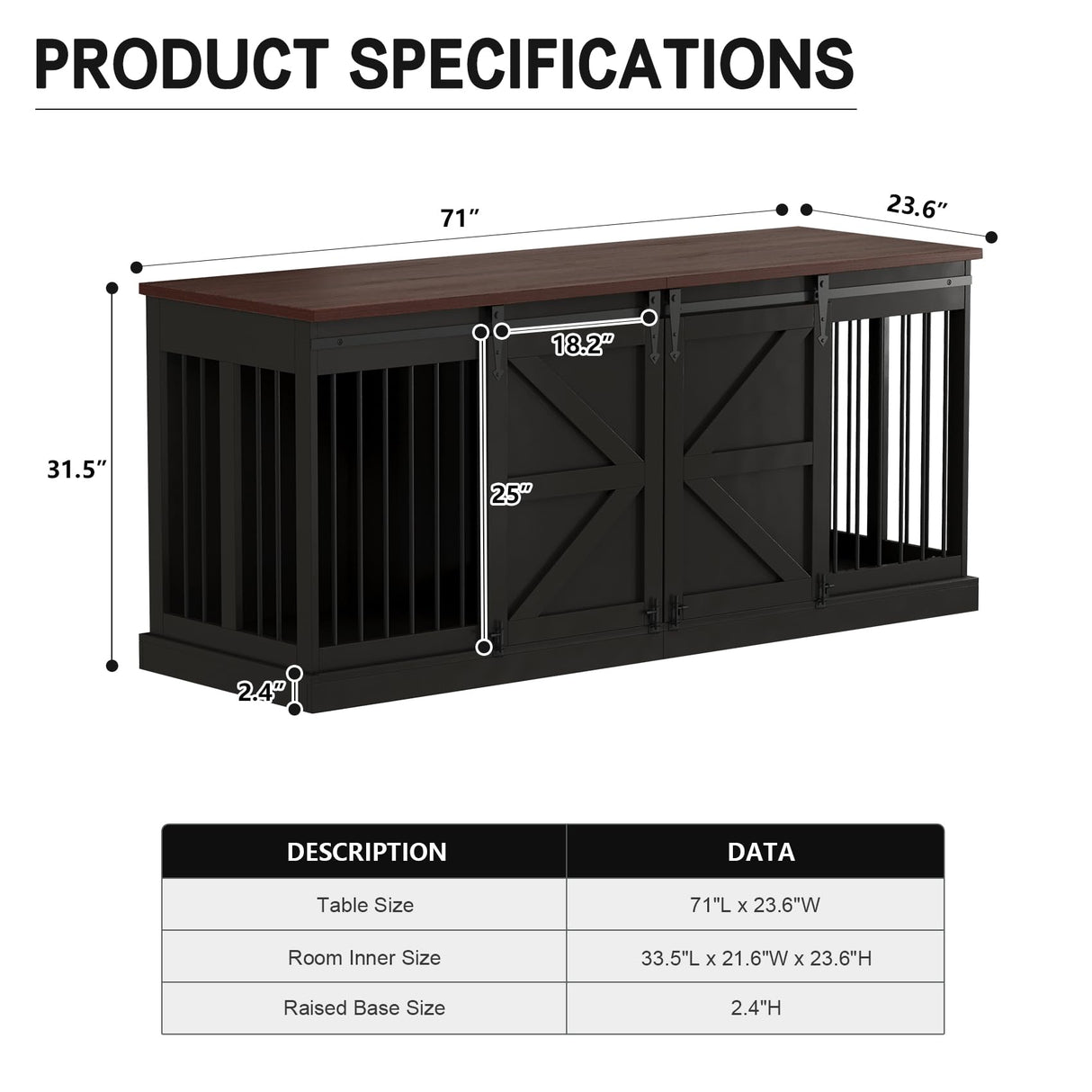 Dog Crate Furniture - Indoor Wooden Dog Kennel with Room Divider and Double Sliding Barn Doors - 71”x23.6”x31.5”H, Black Faceket