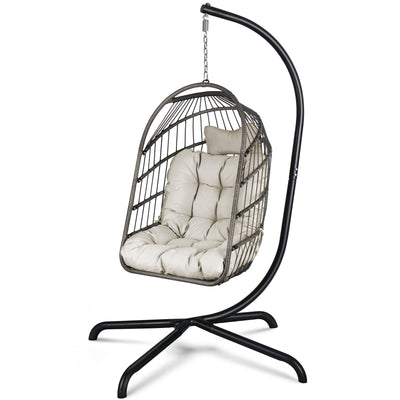 Chihee Egg Chair with Ultra Strong Stand and Cushion Foldable Wicker Rattan Hanging Chair Indoor Outdoor Patio Lounging Chair 330 lbs Capacity Balcony Porch Bedroom Garden