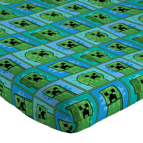 Jay Franco Kids Sheet Set with Fitted, Flat Sheets & Pillow Cover - Ultra-Soft Bedding with Pillowcase for Room Decor, Blue - Minecraft Creeper, 4 Piece Queen Jay Franco