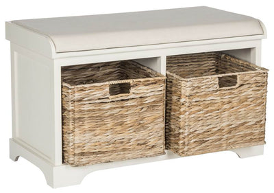 SAFAVIEH Home Collection Freddy Vintage White/ Wicker Basket 2-Drawer Storage Bench with Cushion (Fully Assembled)