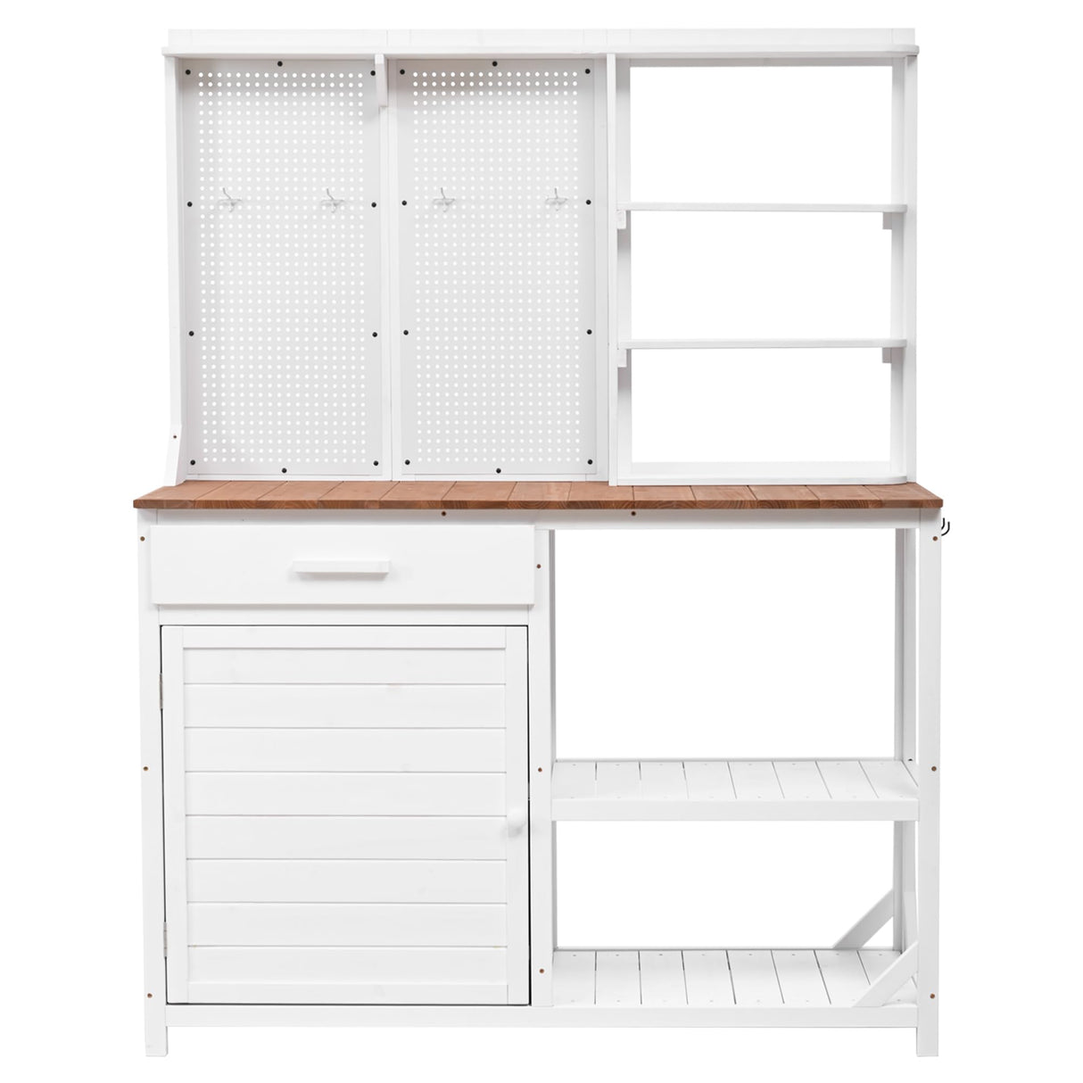 Garden Potting Bench Table with Hutch, Outdoor Wooden Workstation with 4 Shelves, Drawer, Cabinet and Hooks, White RuiSiSi