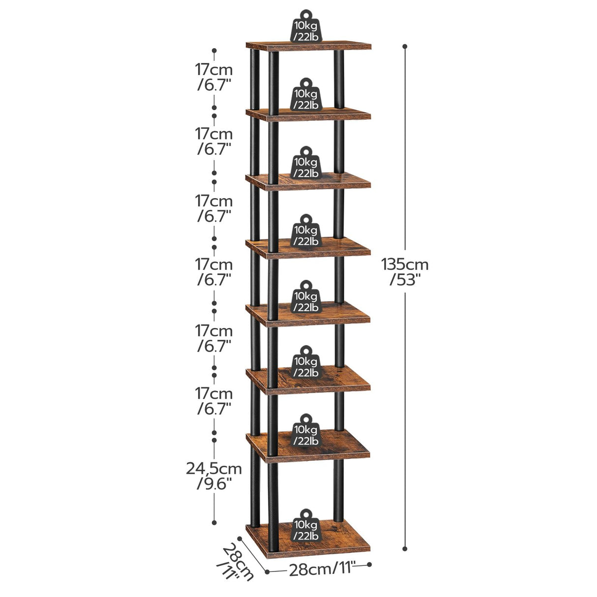 HOOBRO Vertical Shoe Rack, 8-Tier Narrow Shoe Shelf, Shoe Storage Organizer for Small Space, 11" L x 11" W x 53" H, Closet, Entryway, Hallway, Bedroom, Rustic Brown and Black BF22XJ01 HOOBRO
