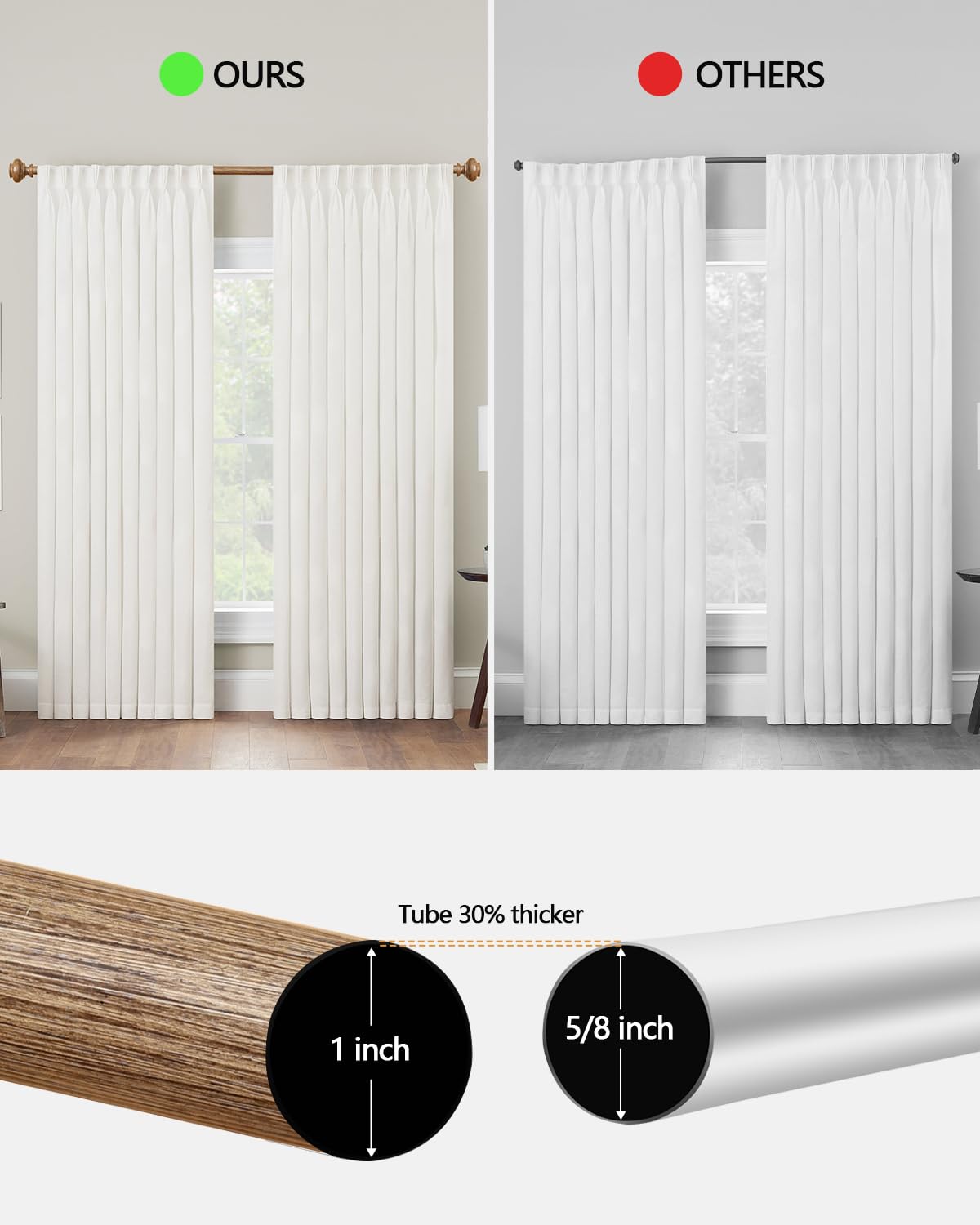 Wood Curtain Rods for Windows 48 to 84 Inch, 1 Inch Heavy Duty Curtain Rods with Imitation Wood Grain Finials, Boho Adjustable Drapery Rods, Farmhouse Rustic Single Window Curtains Rods HIQTEK