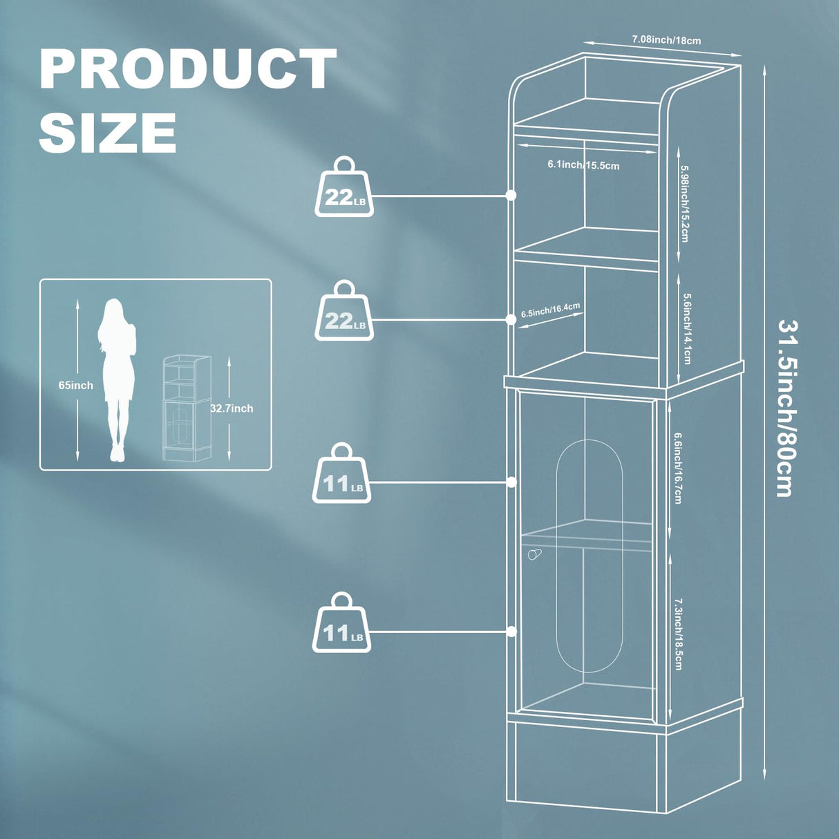 Hawkrown 67" Tall Bathroom Storage Cabinet with Lights, Slim Narrow Bathroom Cabinet Organizer with Doors and Adjustable Shelves, Tall Cabinet for Small Space, Living Room (31.5" Tall) Hawkrown