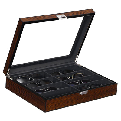 BEWISHOME Sunglasses Organizer, 8 Slot Sunglasses Case for Men, Eyeglasses Storage Box with Clear Glass Top, Smooth Faux Leather Interior, Brown SSH25Y