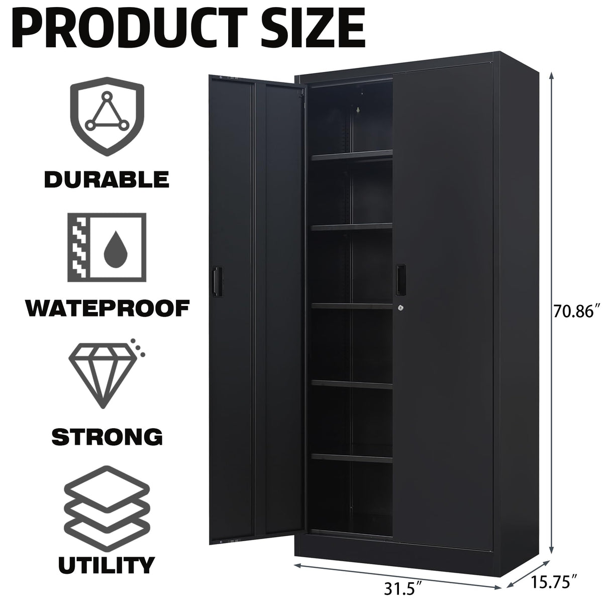 Metal Garage Storage Cabinets,71” Tall Metal File Cabinet with 5 Adjustable Shelves, Lockable Storage Cabinets for Office, Home, Garage, Warehouse 71" H x 31.5" W x 15.8" D (Black) TaskStorz
