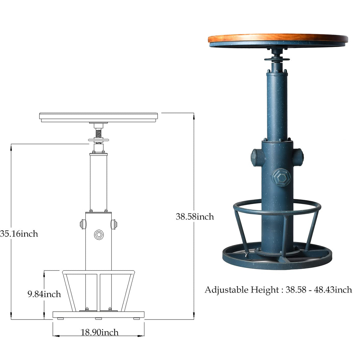 Topower Industrial Bar Table 38.58-48.43" Adjustable Pub Table Kitchen Dining Coffee Bistro Table Antique Blue Topower