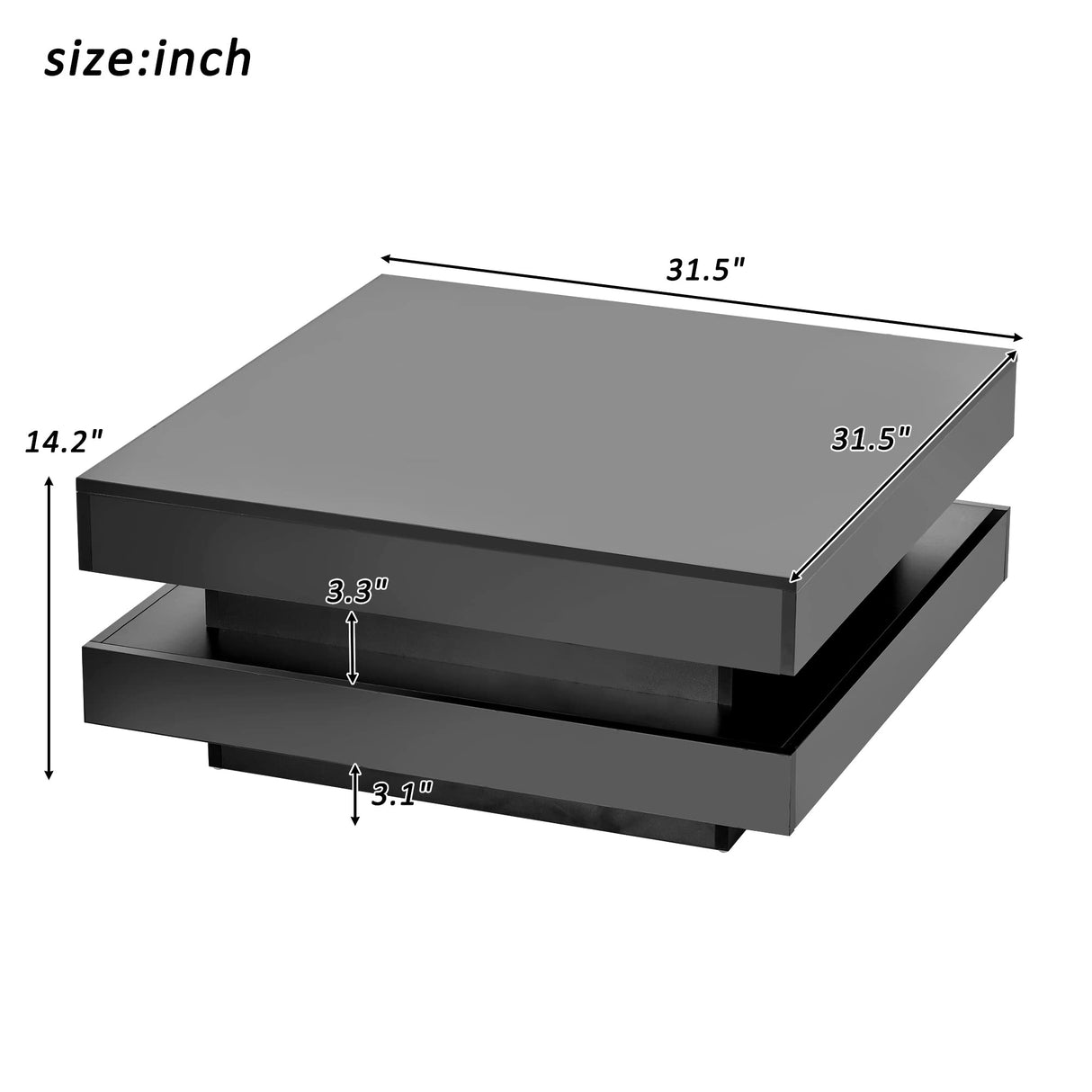 High Gloss Minimalist Design with Plug-in 16-Color LED Lights, 2-Tier Square Coffee Table, Center Table for Living Room, 31.5x31.5x14.2'',Black Harper & Bright Designs