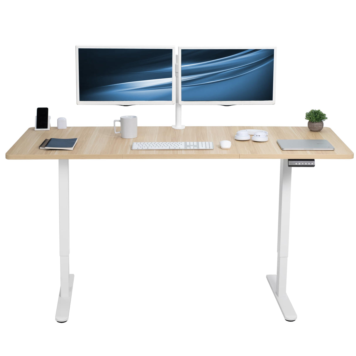 VIVO Electric Height Adjustable 71 x 30 inch Memory Stand Up Desk, Light Wood 30 inch Deep Table Top, White Dual Motor Frame, Preset Controller, E2B Series, DESK-KIT-E2W7C VIVO