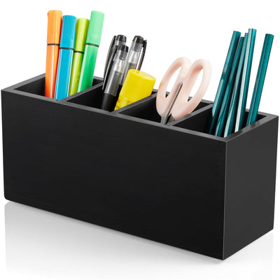 Bivvclaz Pencil Pen Holder for Desk, Wooden Office Desk Organizers and Accessories with 4 Slots for Countertop, Makeup Brush Holder Organizer for Bathroom Vanity, Silverware Caddy for Party, Black