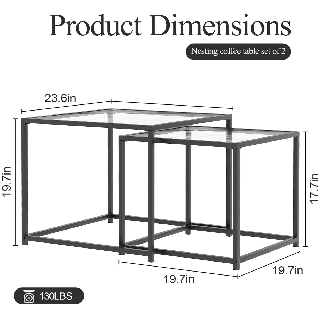 Nesting Coffee Table Set of 2, Glass Coffee Tables with LED Lights, Modern Center Table, Square Living Room Side End Tables, Coffee Table for Home, Office, Bedroom, Easy Assembly, 26.4 in, Black Adompacat