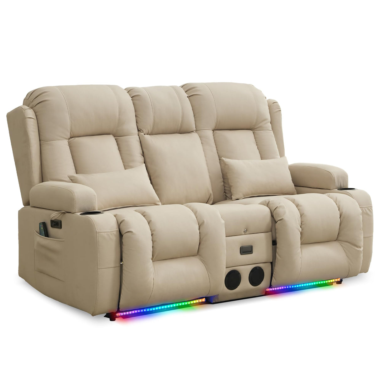URRED Power Reclining Loveseat Sofa with Console, RV Couch Loveseat Recliner Sofa with Massage & Heat, LED Light, Cupholders, Bluetooth Speakers, USB Charge Ports, Outlets, Leathaire, Beige URRED