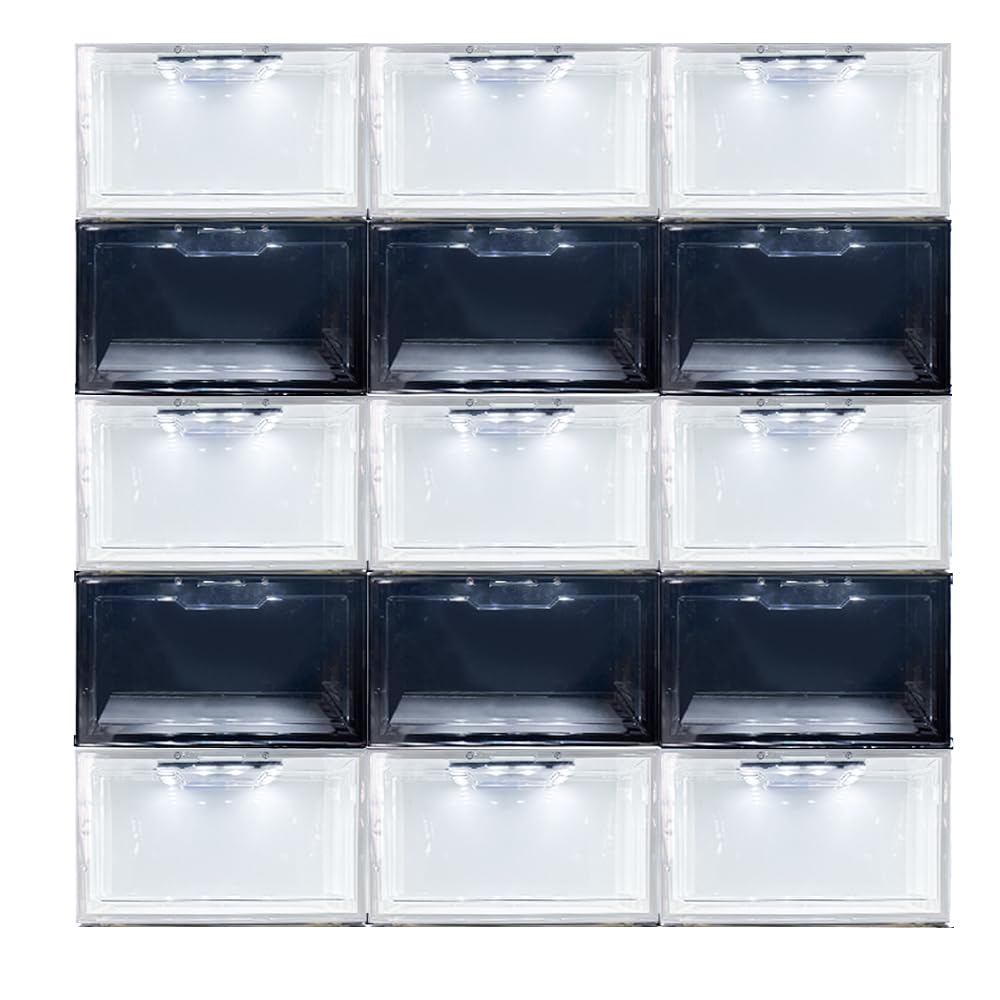 JNTKE 2 Packs LED Sneakers Boxes, Stackable Clear Shoe Display Cases, Plastic Shoe Storage Organizer for Closet, Magnetic Open Collection Storage Containers with Lids, White JNTKE