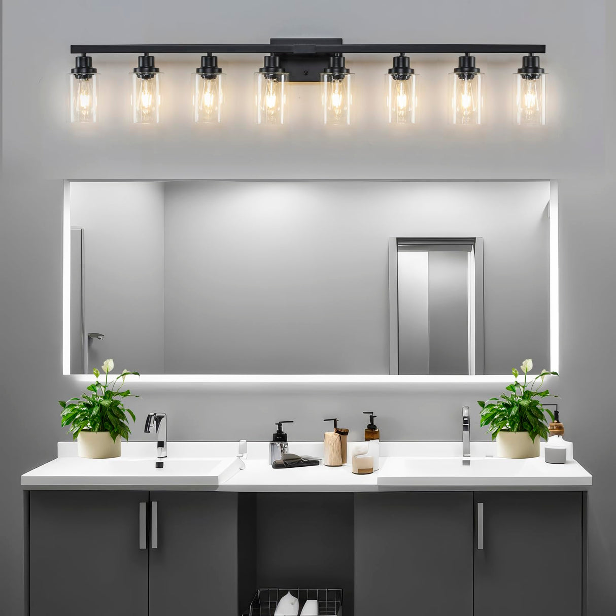 DIKAIDA 8 Light Bathroom Vanity Lights Over Mirror, 52inch Black Vanity Lights Fixtures Matte Black Modern Vanity Lights Black Bathroom Wall Lighting for Mirror Bedroom,Living Room DIKAIDA