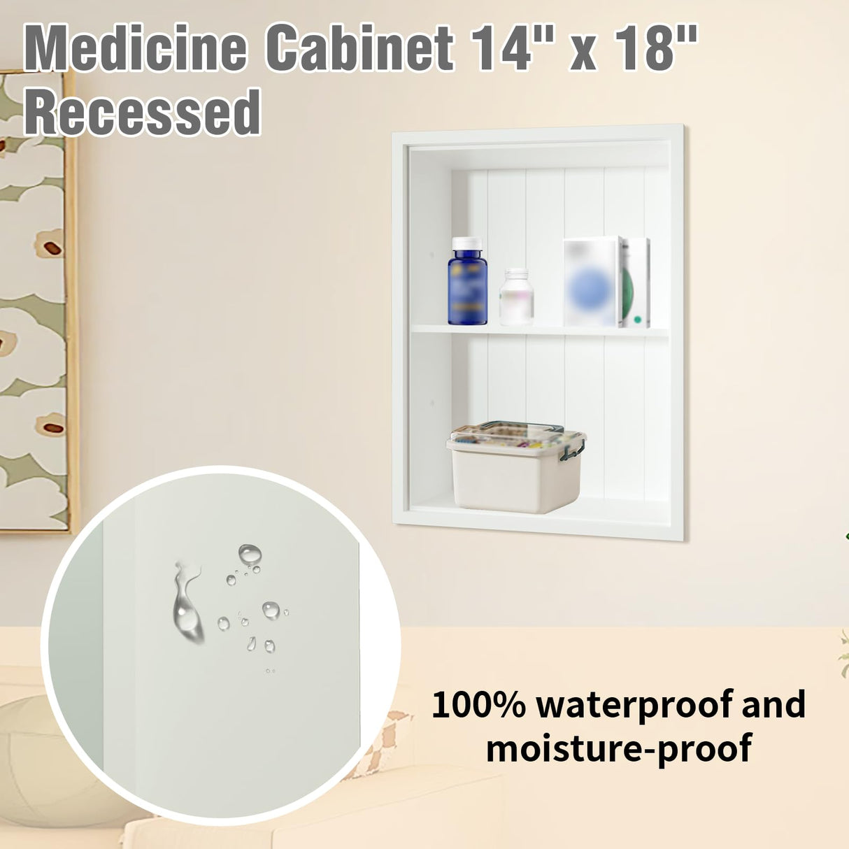 Nalwort 14" x 18" Recessed Medicine Cabinet, 2-Tier Wall Niche for Bathroom, Bedroom, Living Room, Kitchen, White, Solid Wood Wall Medicine Cabinet Nalwort