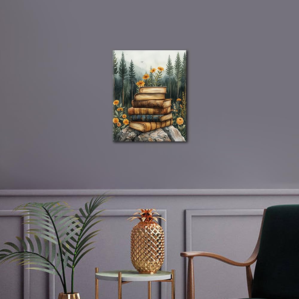 TUMOVO Paint by Numbers Kit for Adults - Forest Landscape Adults' Paint-by-Number Kits on Canvas Without Frame, Books with Flowers DIY Acrylic Painting for Home Wall Decor (16x20 Inch) TUMOVO