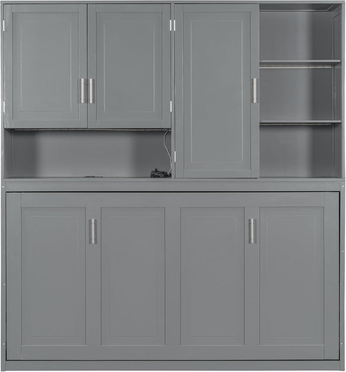 Twin Horizontal Murphy Bed with Storage Cabinet, LED Light and Charging Station,Wood Folding Murphy Wall Bed Cabinet with Bookcase and Shelves for Adult (Grey) MERITLINE