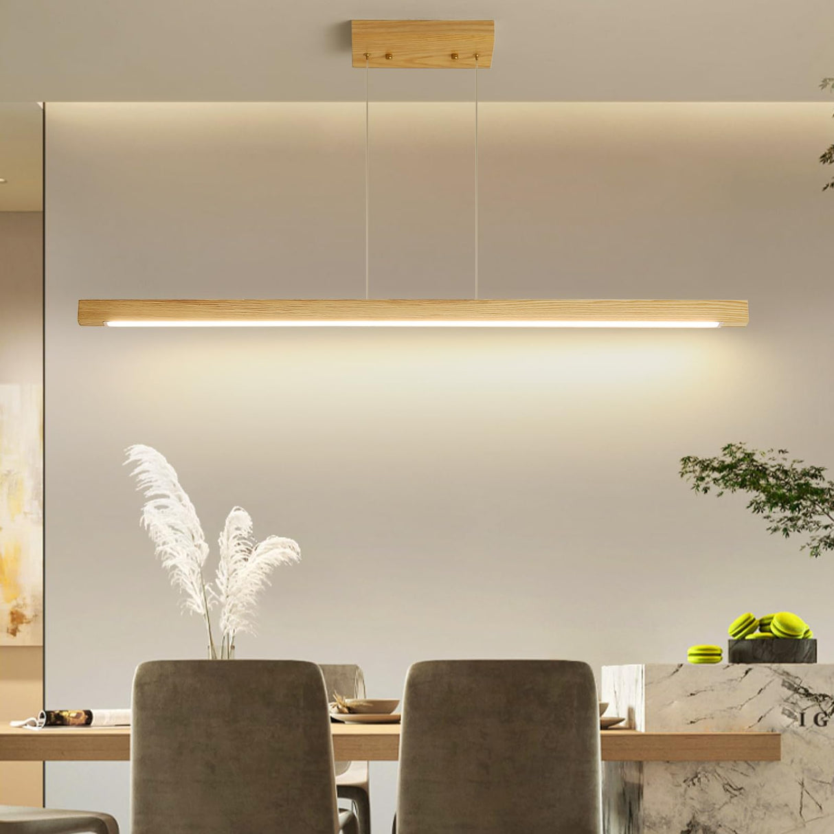 Wooden Linear Pendant Light, 47" Modern Chandeliers for Dining Room, Dimmable Pool Table Island Lights for Kitchen, LED Ceiling Pendant Lamp for Dining Room Billiard Room, Natural Ash Matven