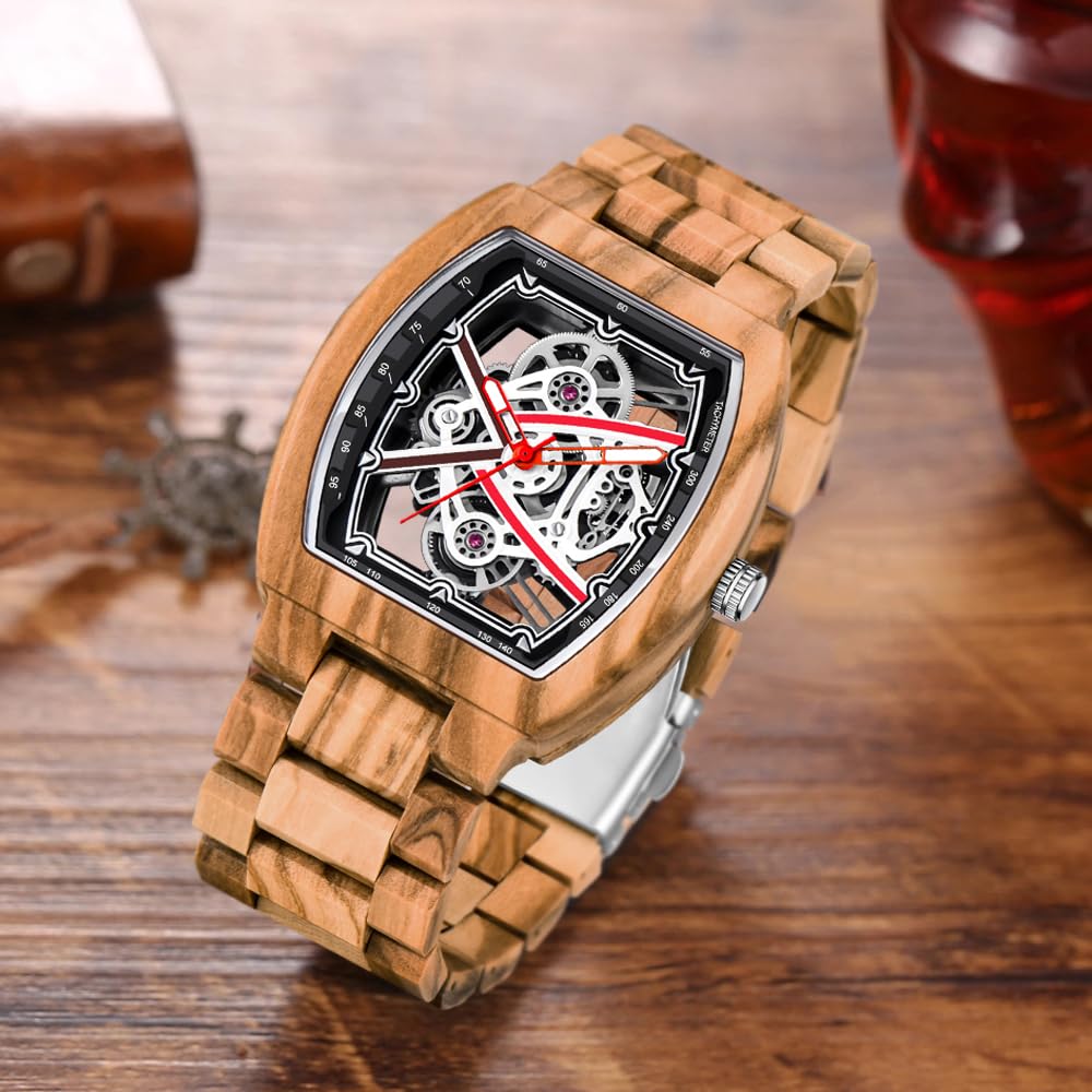 Dentily Elegant Mens 40mm Hollow Wooden Case Watch Quartz Analog Wood Watch for Dad,Husband and Boyfriend Dentily