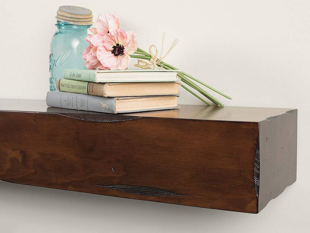 48 Inch Floating Fireplace Mantel Wood Shelf In Cherry Rustic - Breckenridge From Mantels Direct | With Corbel Bracket Arches | Wooden Rustic Wall Shelf Perfect for Electric Fireplaces and Décor MANTELSDIRECT