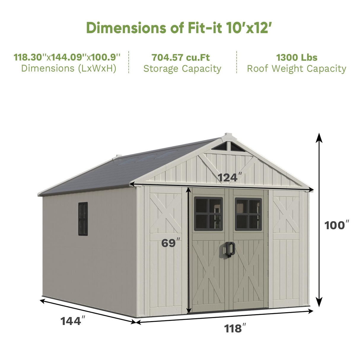 Patiowell 10x12 FT Outdoor Storage Shed with Floor and Lockable Door, All Weather Plastic Shed Garden Shed with Skylight and Multiple Windows for Backyard, Patio, Lawn, Beige Patiowell