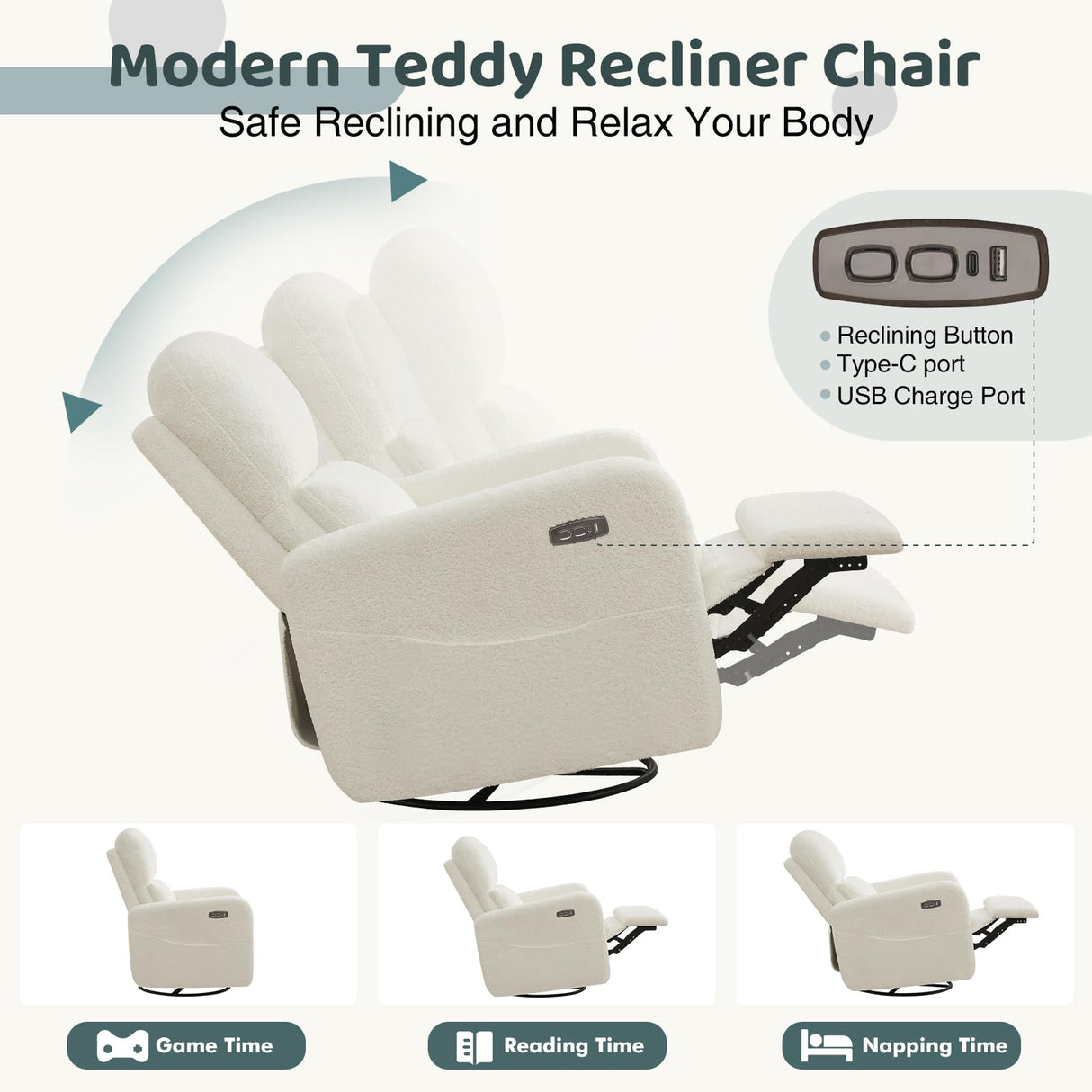 AEMEIOS Power Swivel Rocker Recliner, Oversized Boucle Nursery Glider Recliner, Swivel Rocking Reclining Chair with Removable Cushion and Lumbar Support for Nursery Living Room Bedroom, Teddy White AEMEIOS