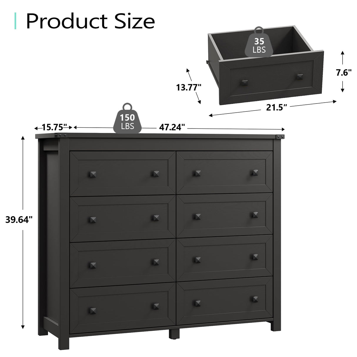 Dresser for Bedroom with 8 Drawers, Farmhouse Wood Chest of Drawers, Wide TV Stand Closet Storage Furniture with Metal Handle, Modern Clothes Organizer for Hallway, Living Room, Entryway, Black Xixini