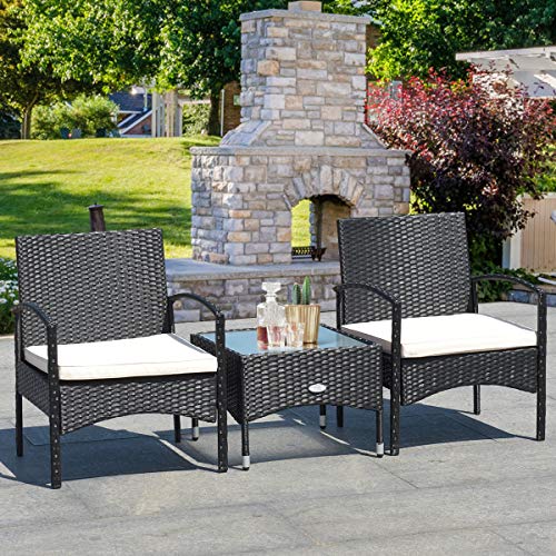 Tangkula 3 PCS Patio Wicker Rattan Furniture Set, Rattan Chair with Coffee Table, High Load Bearing Chair Conversation Sets for Patio Garden Lawn Backyard Pool (Black) Tangkula
