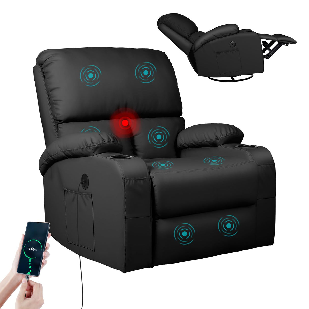 LEVELEVE Rocking Recliner Chair, Massage Rocker Recliner Chair with Vibration Massage and Heat, USB and Type-C Ports,360° Swivel Faux Leather Chairs, Living Room, Bedroom, Nursery, RV, Black LEVELEVE