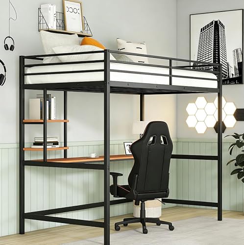 Bellemave Full Size Loft Bed with Desk and 2 Shelves, Metal Full loft bedframe with Storage Shelves, Black Bellemave