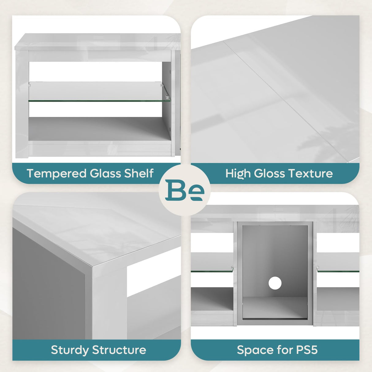 Bestier High Gloss TV Stand for 70 inch TV with Power Outlets, LED Entertainment Center for PS5, Gaming TV Consoles with Glass Shelves for Living Room, 63'' Inch, Bright White Bestier