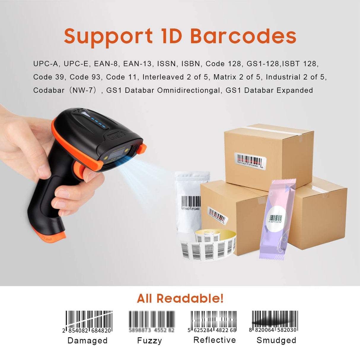Tera Barcode Scanner Wireless 1D Laser Cordless Barcode Reader with Battery Level Indicator, Versatile 2 in 1 2.4Ghz Wireless and USB 2.0 Wired Tera