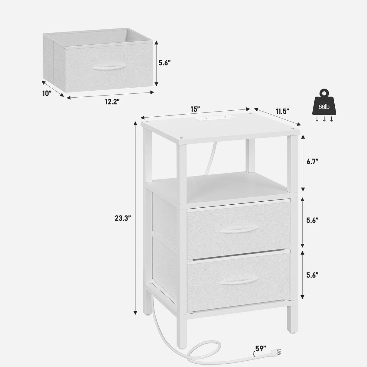 TUTOTAK End Table with Charging Station, Side Table with 2 USB Ports and Outlets, Nightstand with Cloth Drawer, Set of 2, Couch Table, White TB01BW067 TUTOTAK