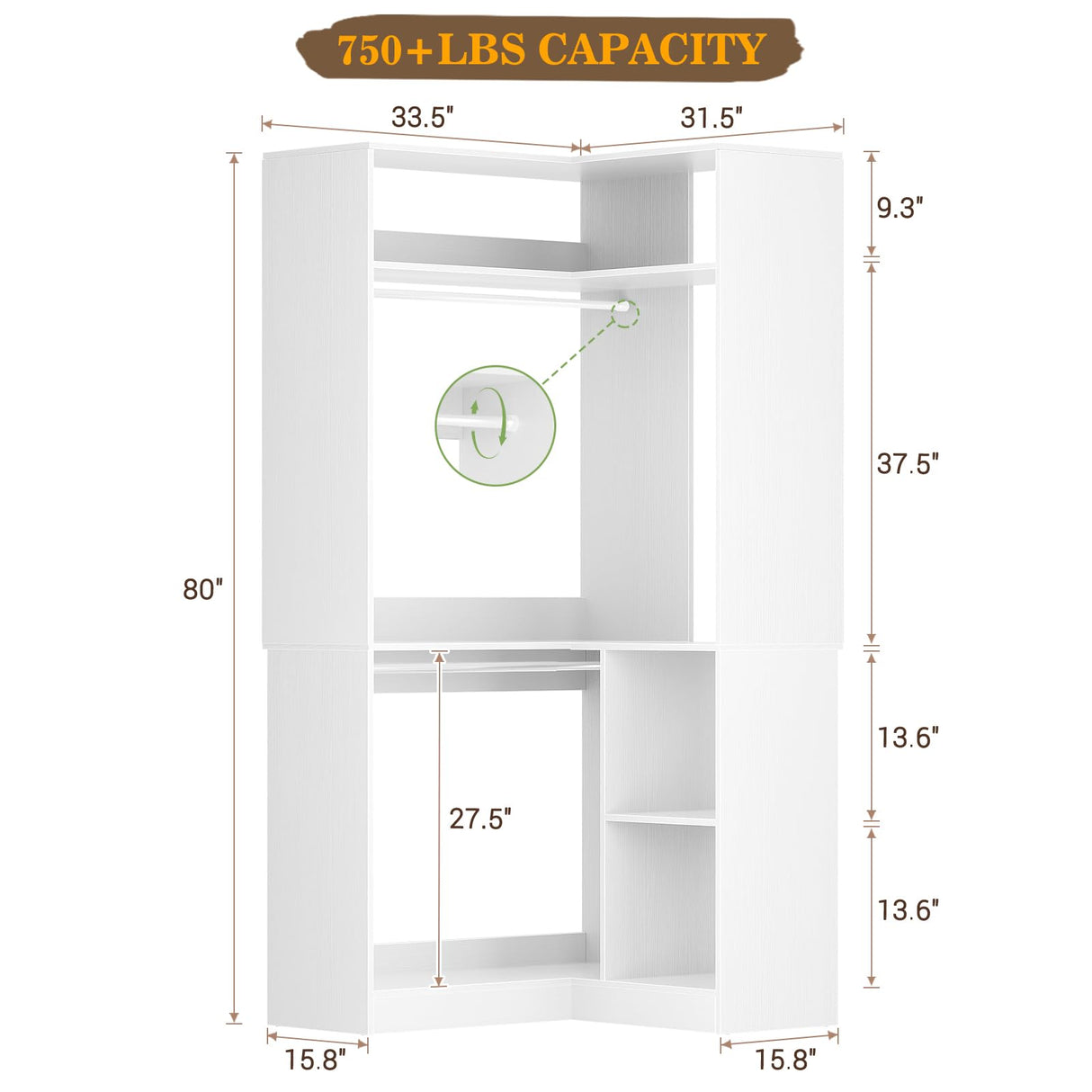 Aheaplus Corner Closet System With Shelves, 34'' Organizer With Hanging Rods, Wood Walk-in for Small Space, Freestanding Tower, L Shaped Garment Rack, White Aheaplus