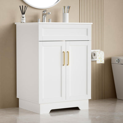 Smhxo Bathroom Vanity with Ceramic Sink, Bathroom Vanity Cabinet with 2 Doors, 24 Inches Wooden Bathroom Sink Cabinet, White