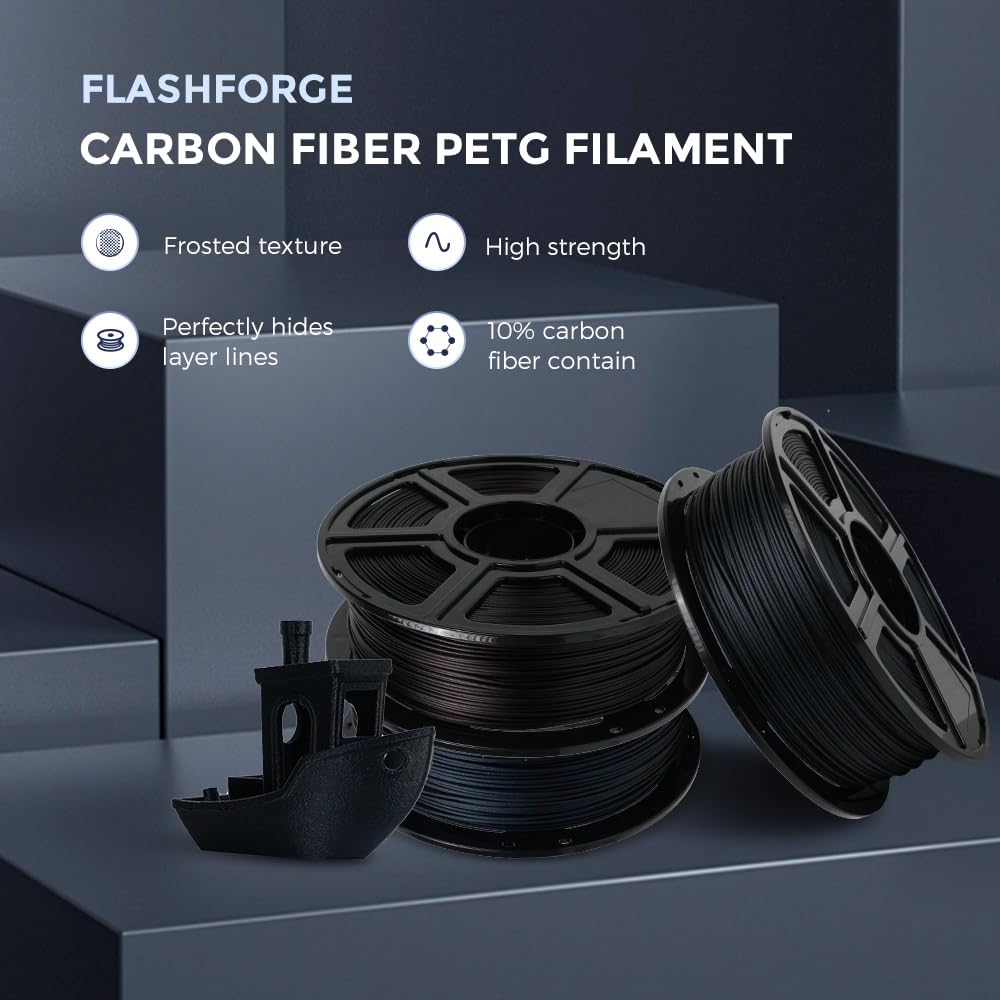 FLASHFORGE Carbon Fiber PETG Filament 1.75mm, Carbon Fiber PETG 3D Printer Filament, 1KG Spool Dimensional Accuracy +/- 0.02mm, Lightweight & Heat-Resistant & Moisture Free (Black) FLASHFORGE