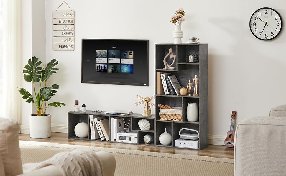 VECELO 42" Modern Gray Bookshelf - 7-Cube Organizer for Tall Hardcovers, Easy Assembly VECELO