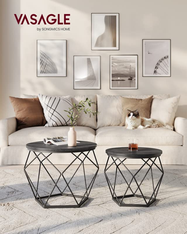 VASAGLE Small Coffee Table Set of 2, Round Coffee Table with Steel Frame, Side End Table for Living Room, Bedroom, Office, Charcoal Gray and Ink Black VASAGLE